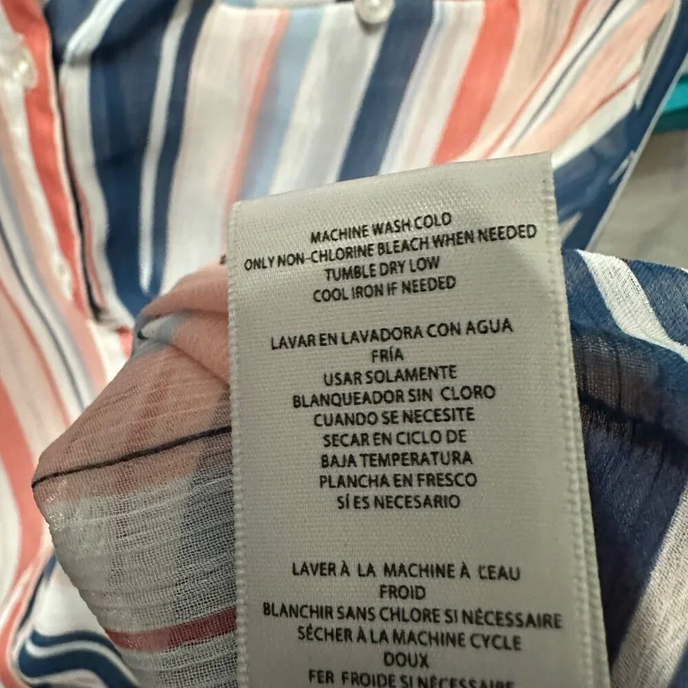 Kut From the Kluth size L blue stripe sheer button front v neck long sleeve top - Picture 6 of 7